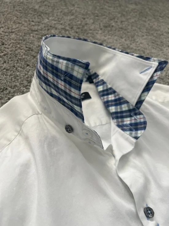 Bogosse White Men's Button-Down Shirt with Blue Plaid Trim Flip Cuffs Size 4 (L) - Picture 8 of 15